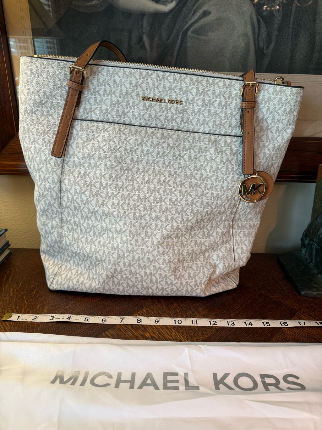 Nwt Michael Kors White Mk Logo Tote With Tan Leather Trim And Dust Bag